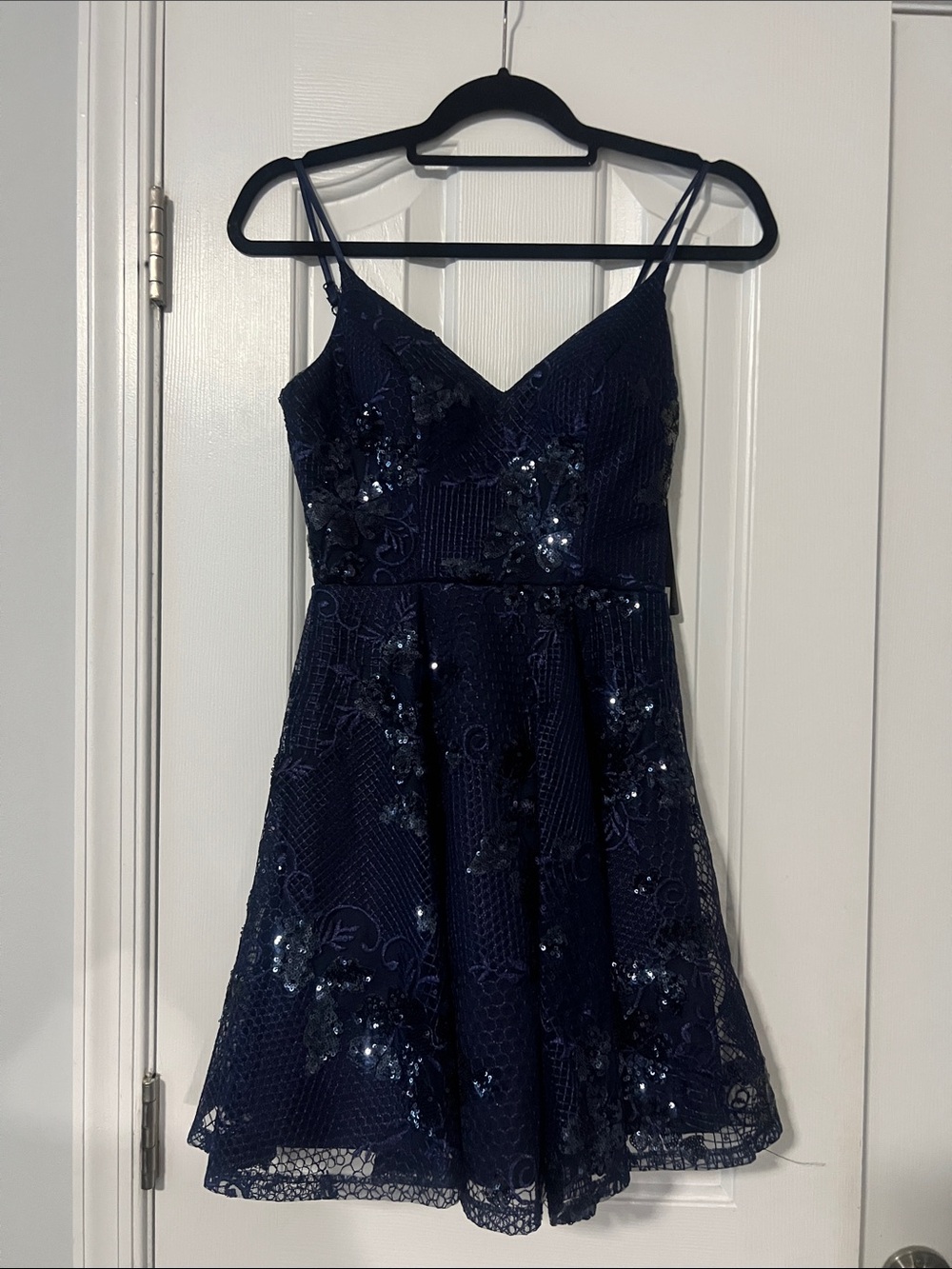 Junior's City Studio Navy Sequin Lace Spaghetti-Strap Formal Dress